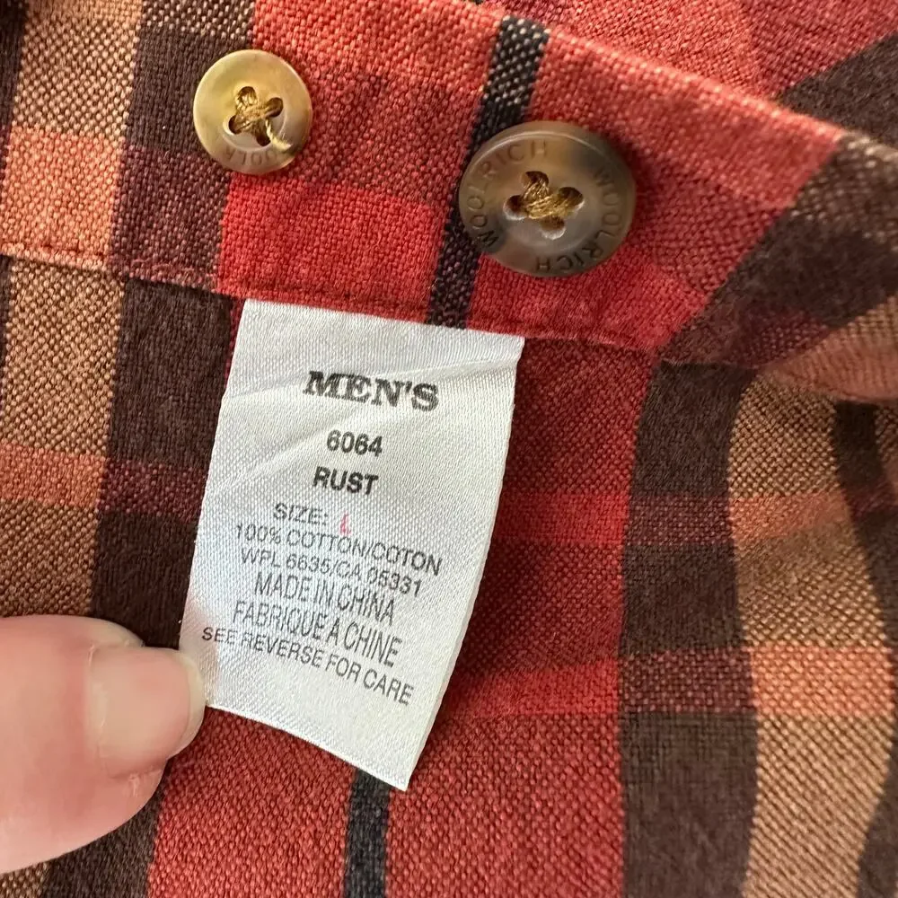 Woolrich Mens Large Red Orange Brown Plaid Classic Long Sleeve Button Work Shirt - Picture 14 of 14